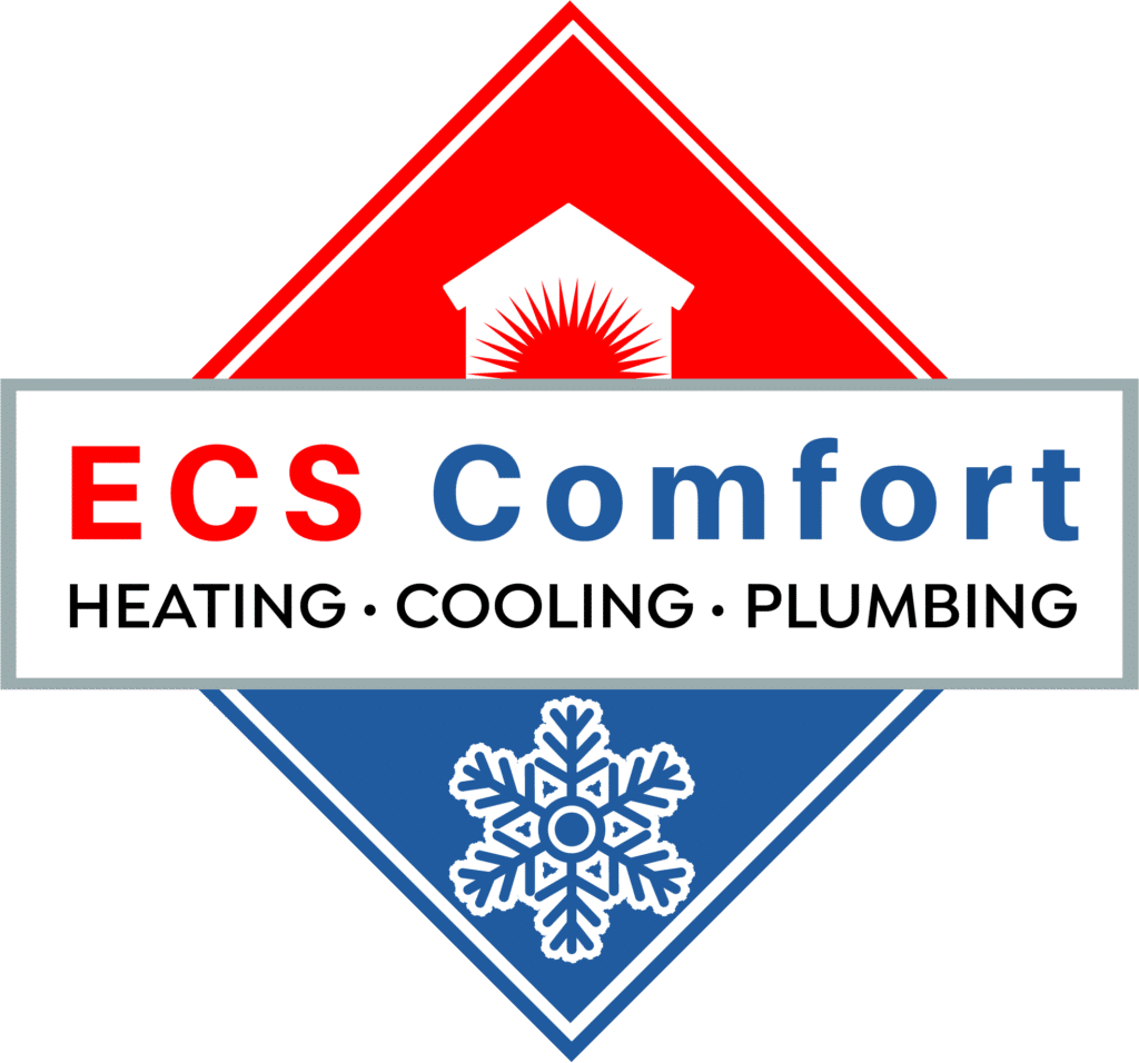 ECS Comfort logo with a red roof and sun, blue snowflake, and text: "HEATING · COOLING · PLUMBING.