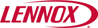 Lennox logo in bold red uppercase letters with a swoosh arc over the word on a transparent background.