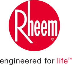 Rheem logo featuring the word "Rheem" in white stylized letters on a red circular background with a gray border.