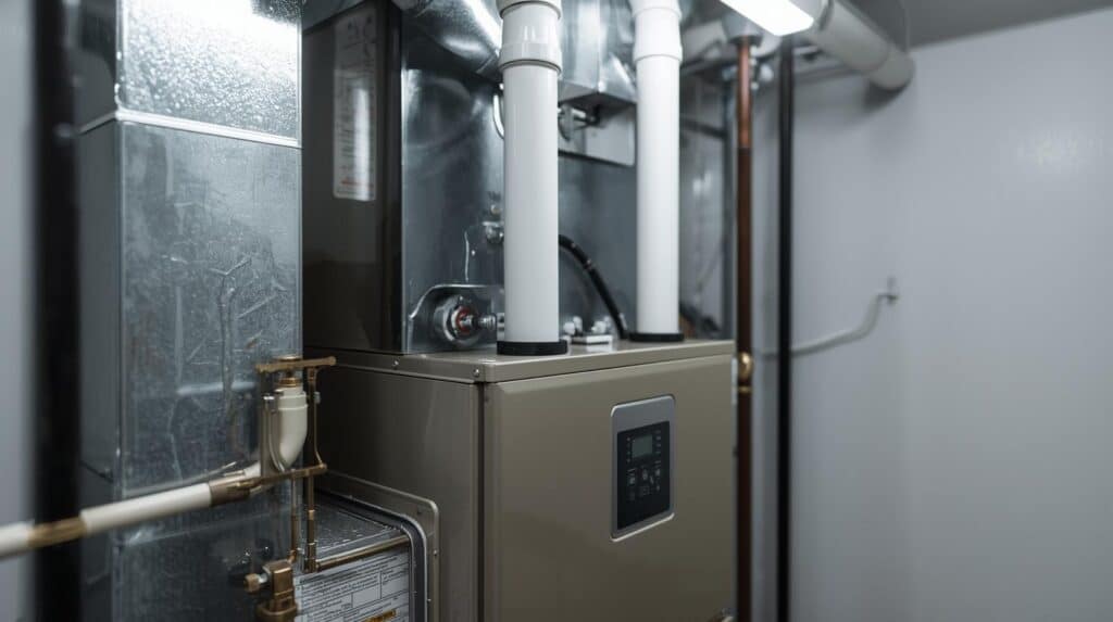 Energy efficient residential boiler connected to ductwork and plumbing lines
