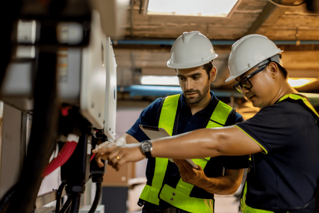 Two workers wearing safety helmets and vests inspect industrial equipment; one points at a component while the other takes notes on a clipboard.