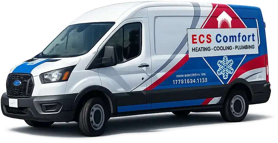 A white van with blue and red graphics displaying "ECS Comfort Heating - Cooling - Plumbing" and a phone number on the side.