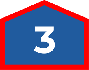 A white number 3 centered on a blue pentagonal shape with a red border, representing HVAC financing in Palmyra.